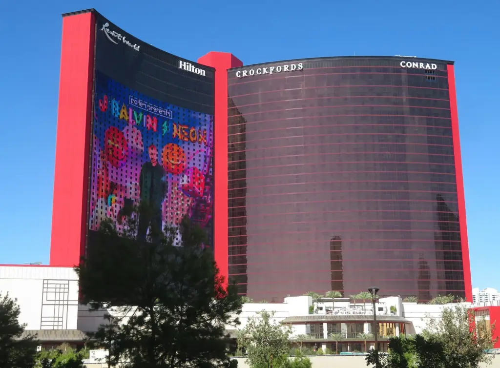Resorts World Las Vegas towers with Hilton, Crockfords and Conrad signs on the North Strip