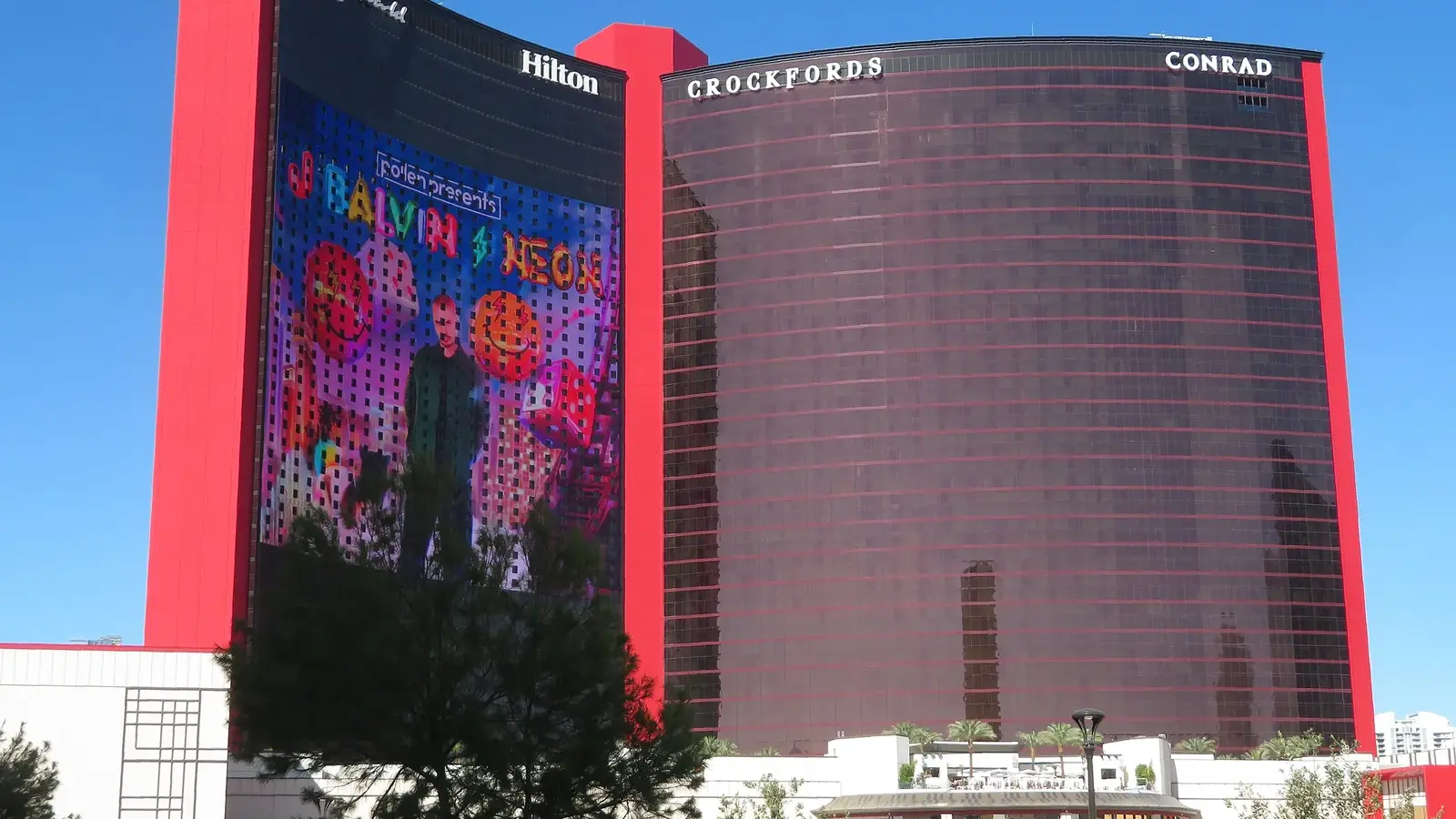 Resorts World Las Vegas towers with Hilton, Crockfords and Conrad signs on the North Strip