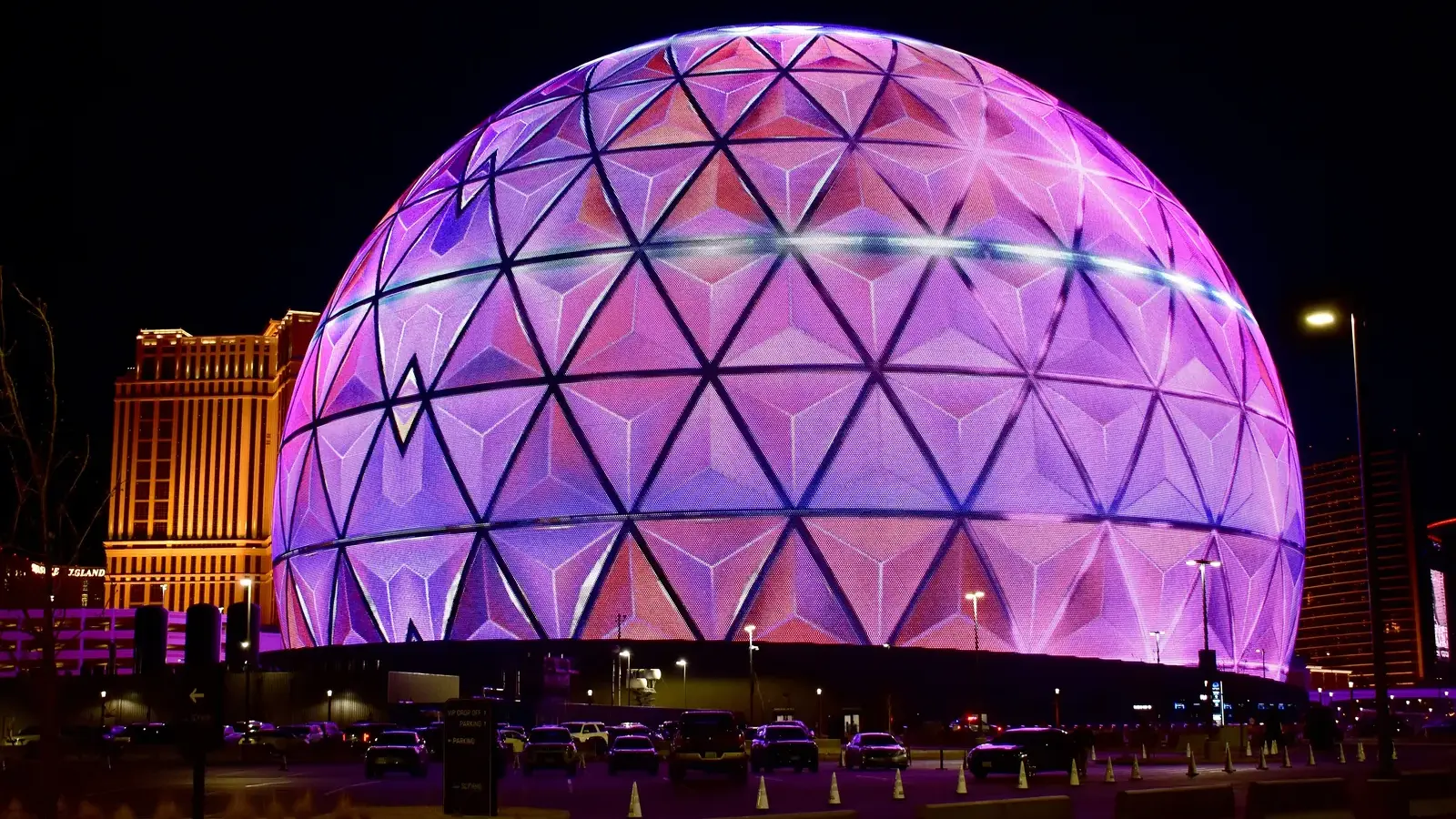 The Sphere in Las Vegas lit up at night with a geometric pattern