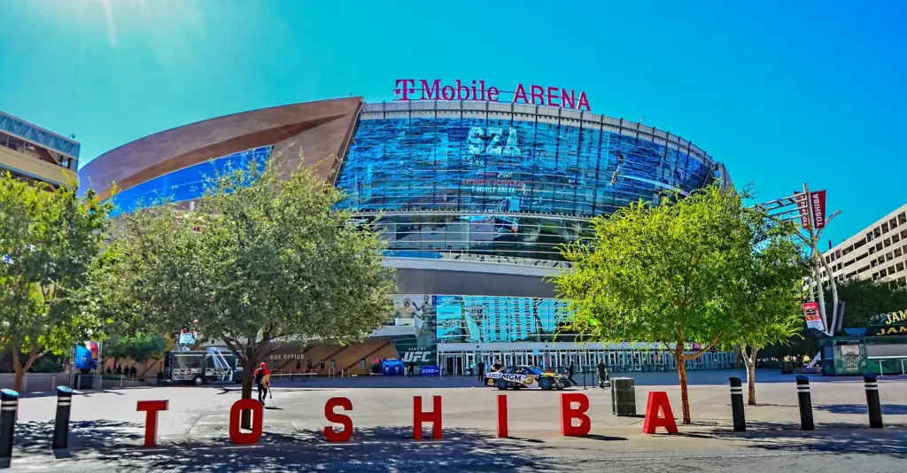 T-Mobile Arena and its entrance plaza on the Las Vegas Strip