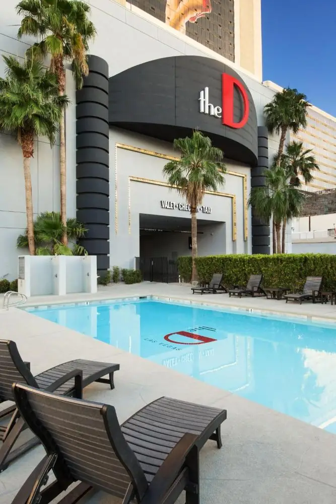 a swimming pool in front of a building at The D Las Vegas in Las Vegas
