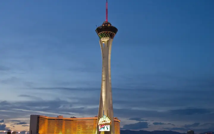 The STRAT tower at dusk in Las Vegas