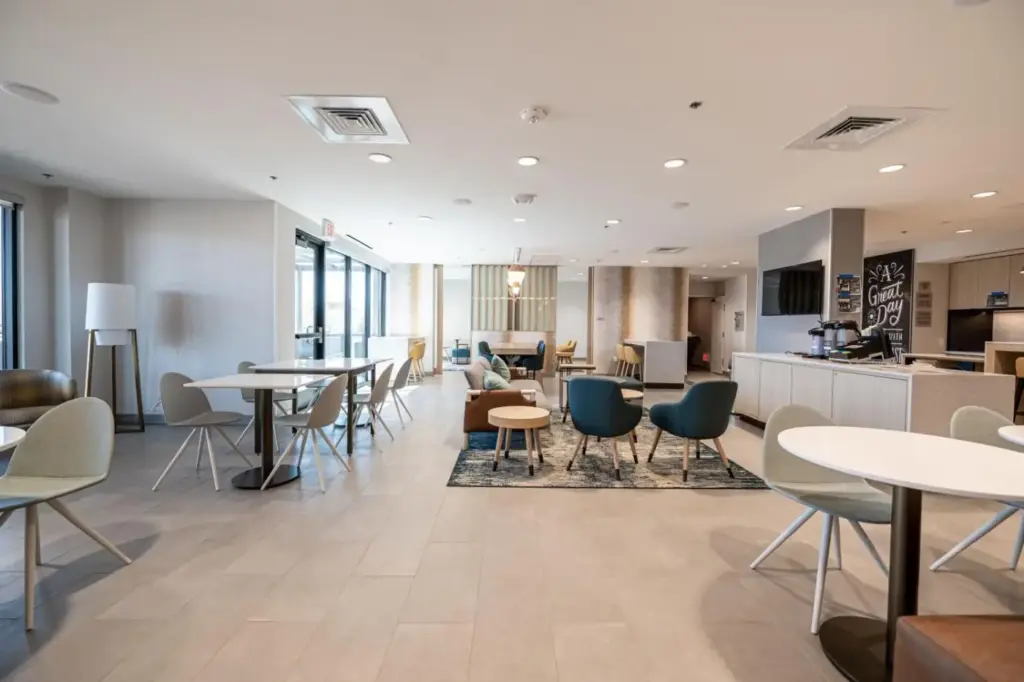 Lobby and dining seating at TownePlace Suites Las Vegas North I-15