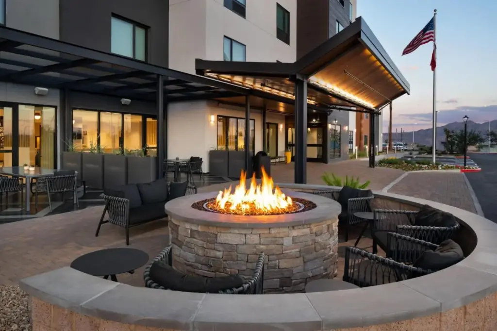 Outdoor patio and fire pit at TownePlace Suites Las Vegas North I-15