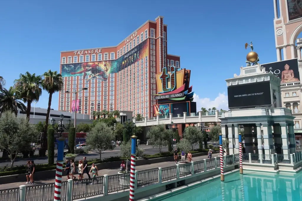 Treasure Island tower and its TI sign seen across the Venetian canal on the Las Vegas Strip