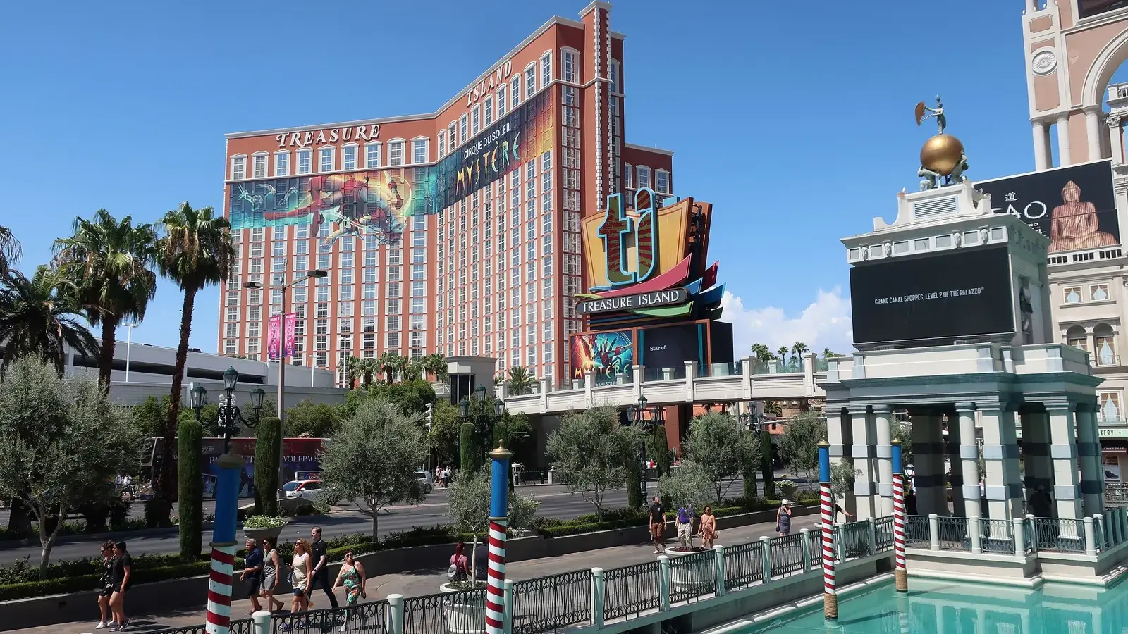 Treasure Island tower and its TI sign seen across the Venetian canal on the Las Vegas Strip