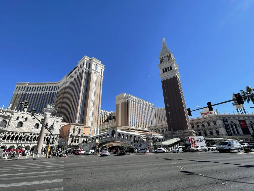 The Venetian's campanile bell tower, Rialto Bridge and hotel towers on the Strip