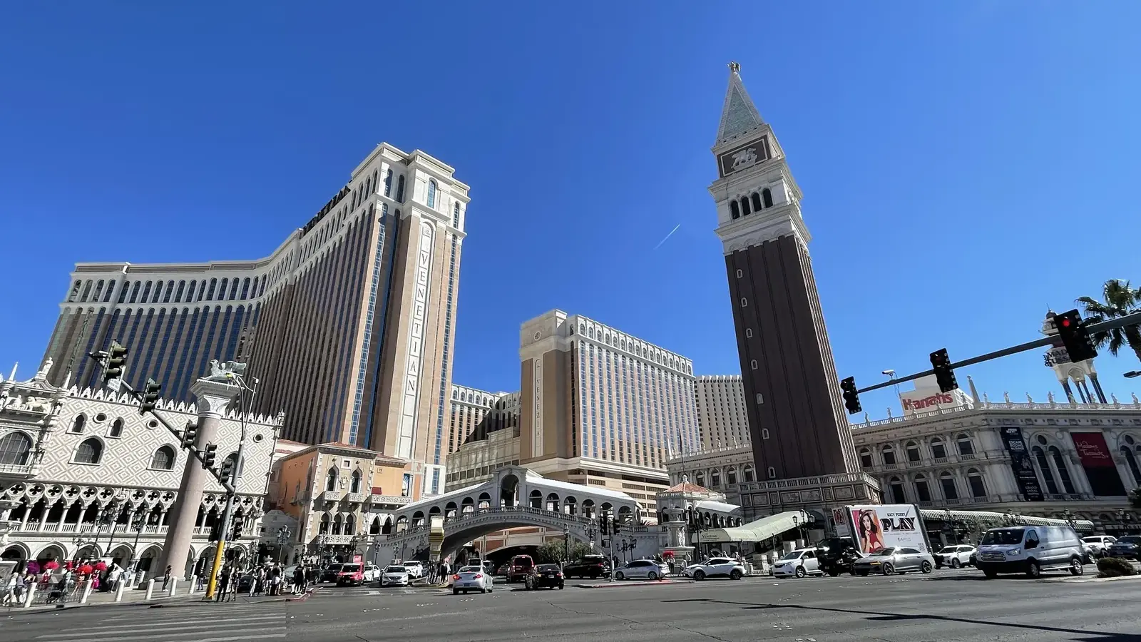 The Venetian's campanile bell tower, Rialto Bridge and hotel towers on the Strip
