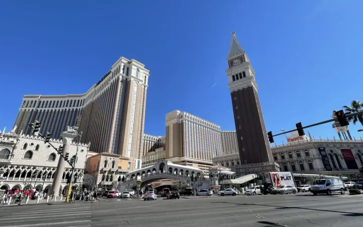 The Venetian's campanile bell tower, Rialto Bridge and hotel towers on the Strip