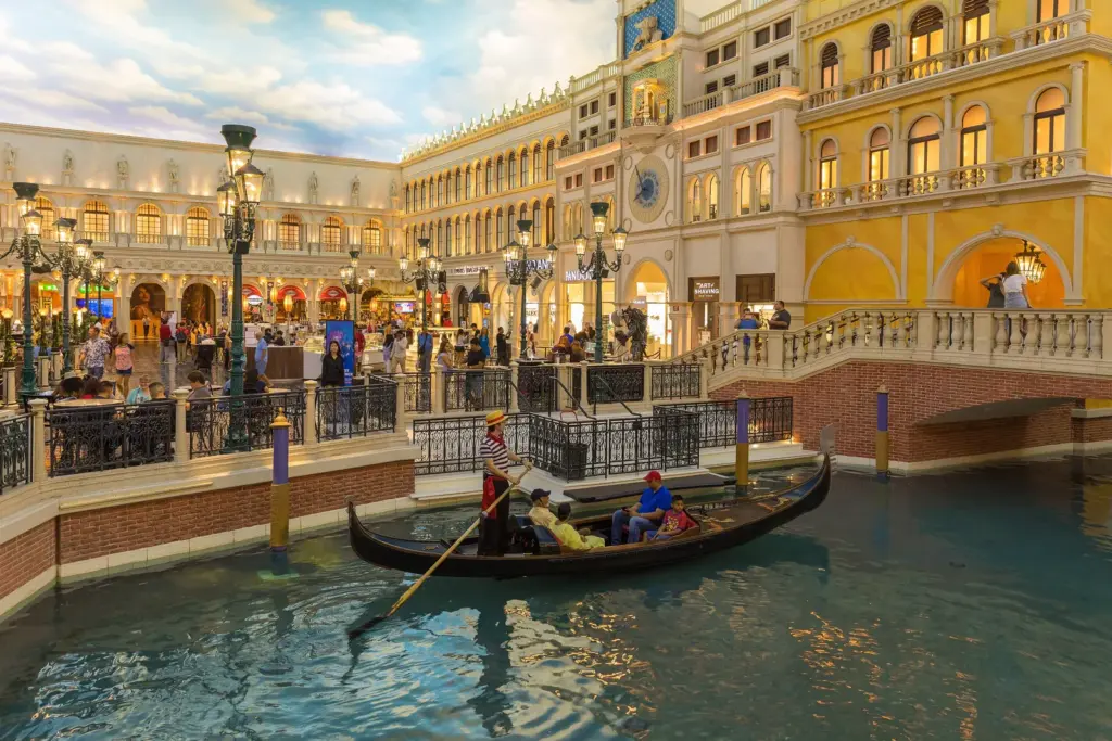 A gondola on the outdoor canal in front of The Venetian Las Vegas