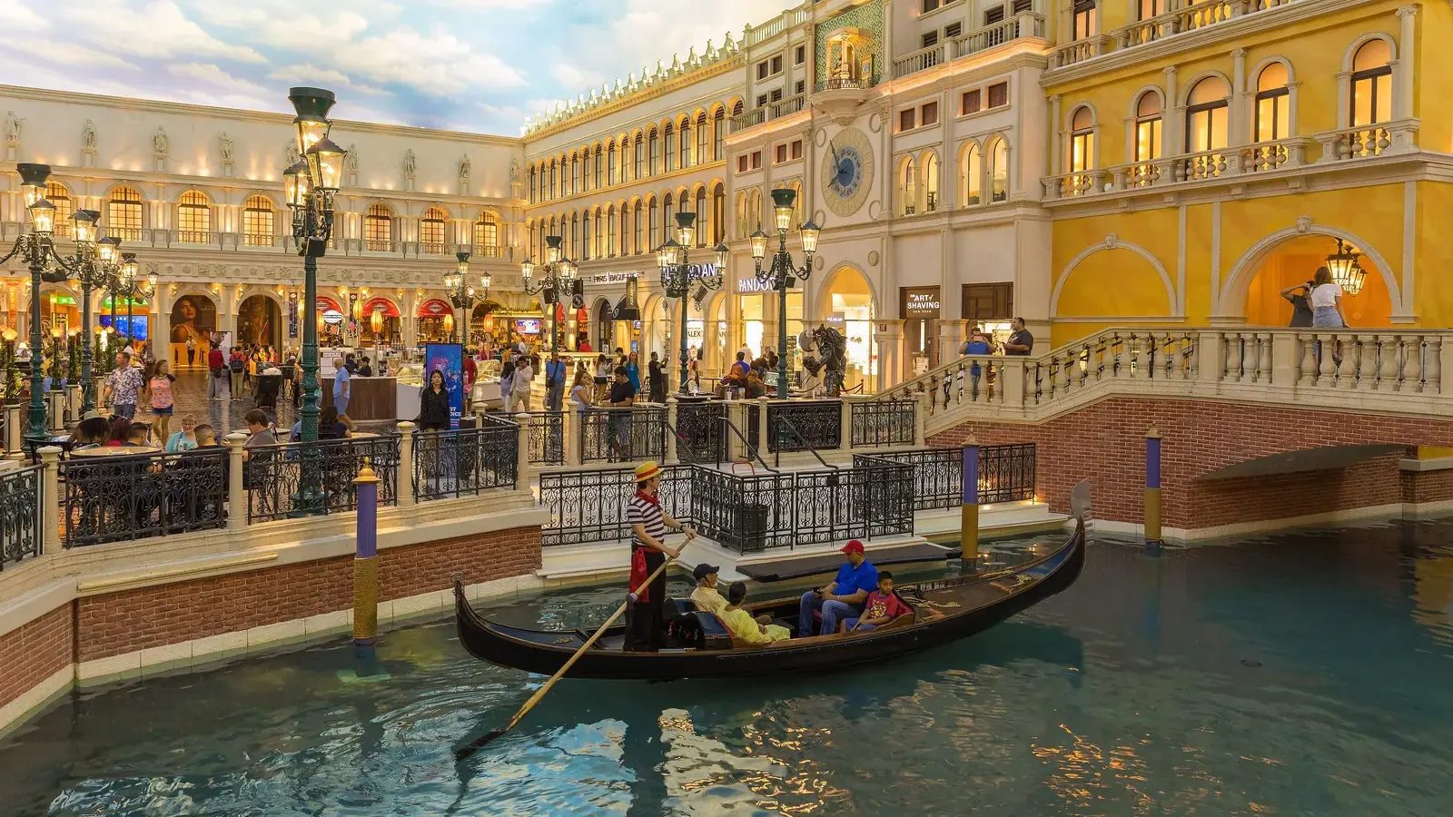A gondola on the outdoor canal in front of The Venetian Las Vegas