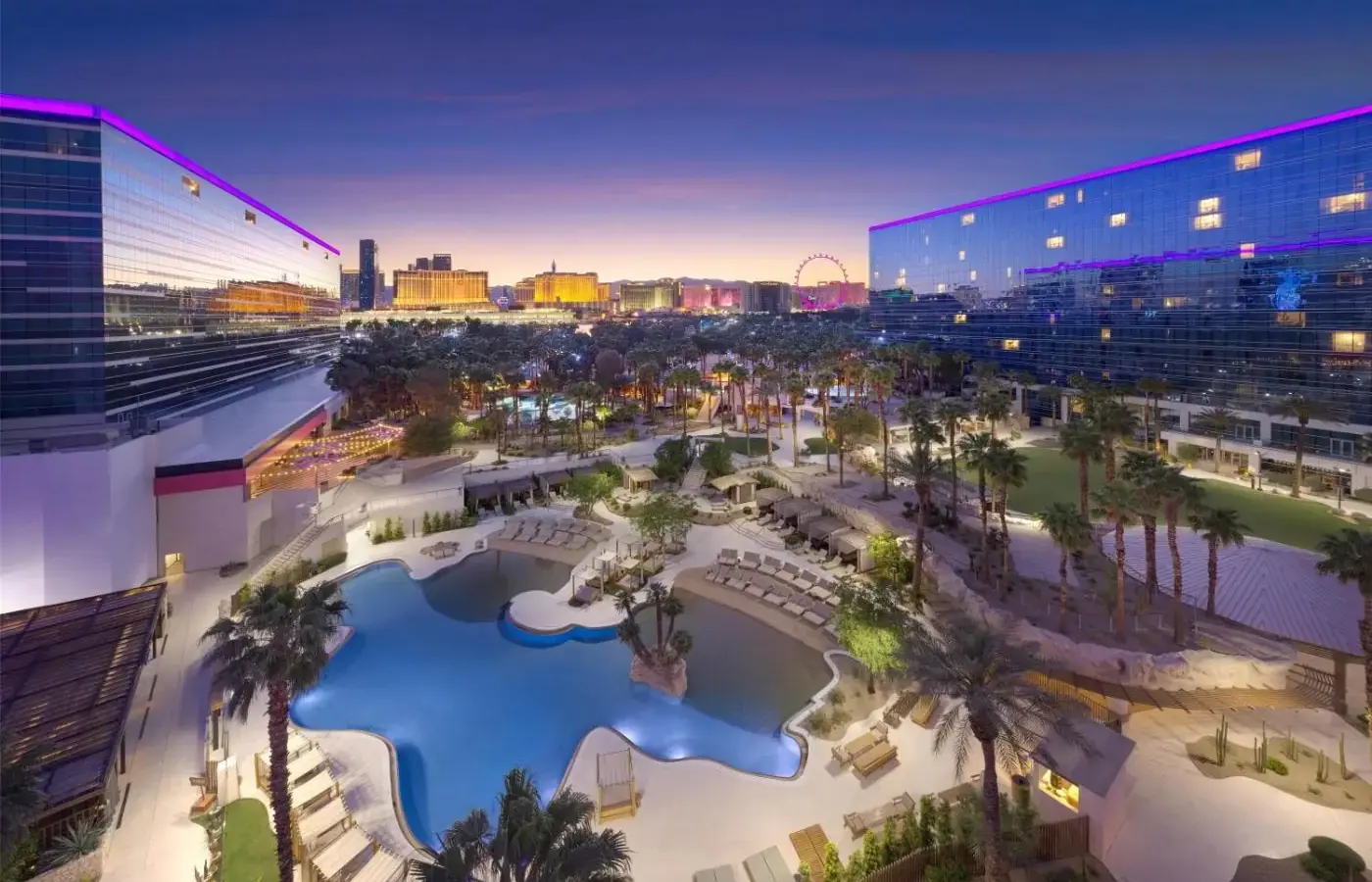 an aerial view of a resort with a pool at Virgin Hotels Las Vegas, Curio Collection by Hilton in Las Vegas