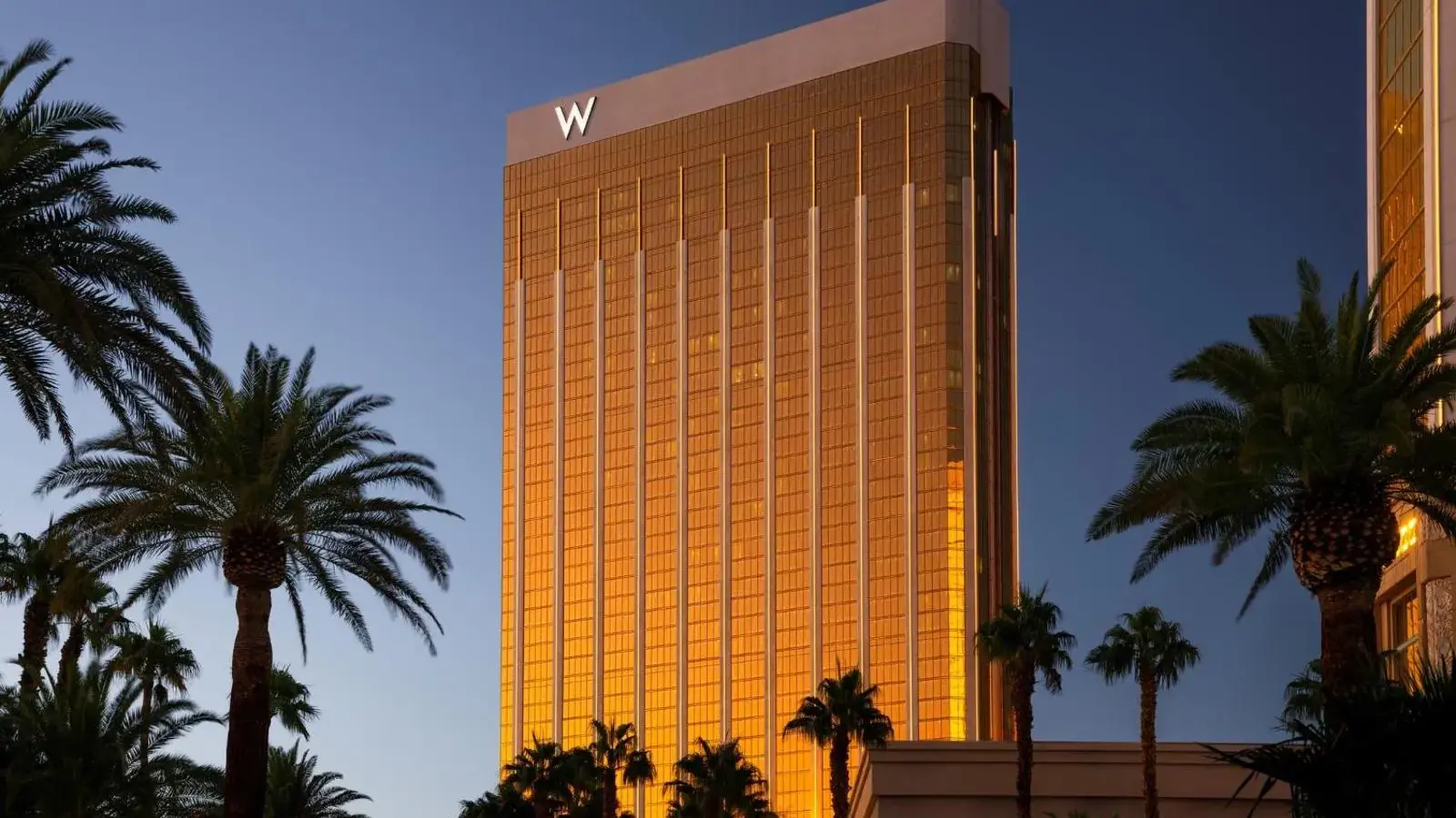 W Las Vegas hotel tower framed by palm trees