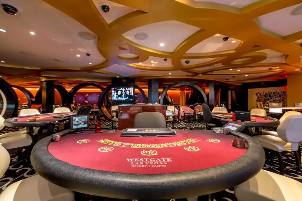 a view of a casino with poker tables and chairs at Westgate Las Vegas Resort and Casino in Las Vegas
