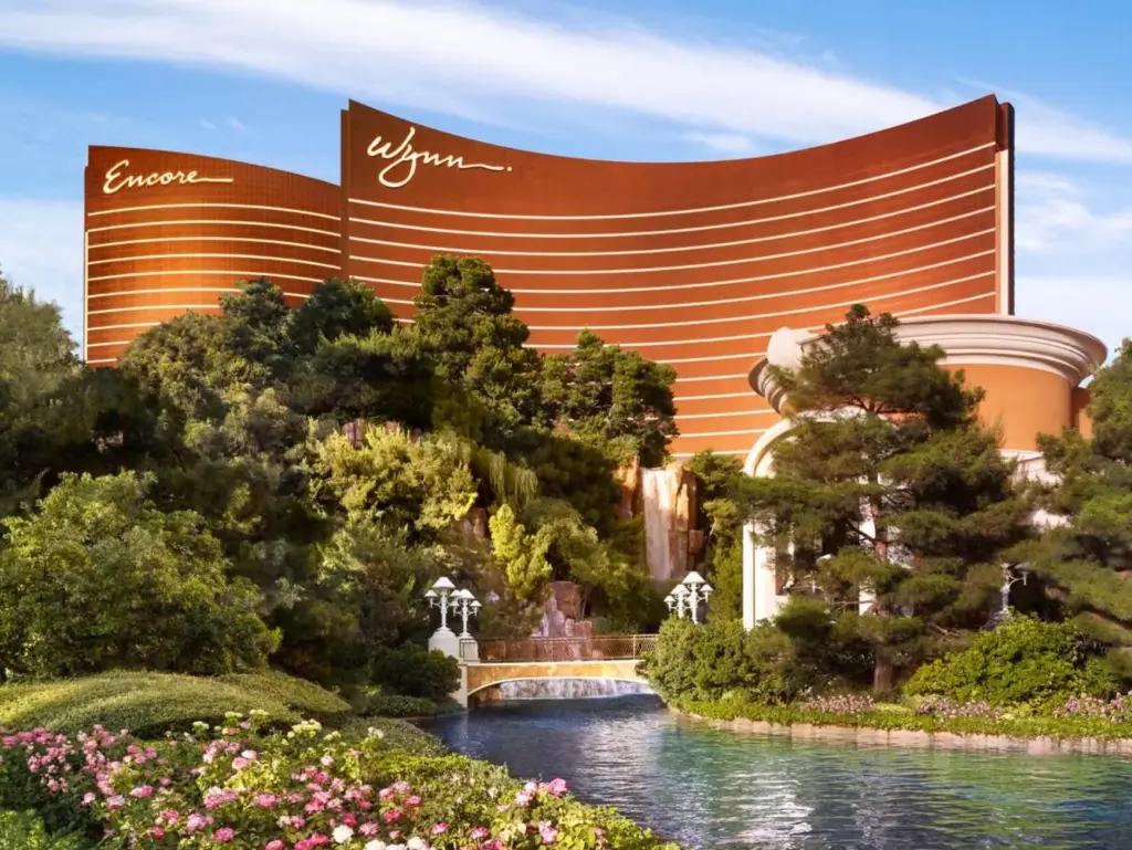Wynn and Encore hotel towers behind landscaped gardens