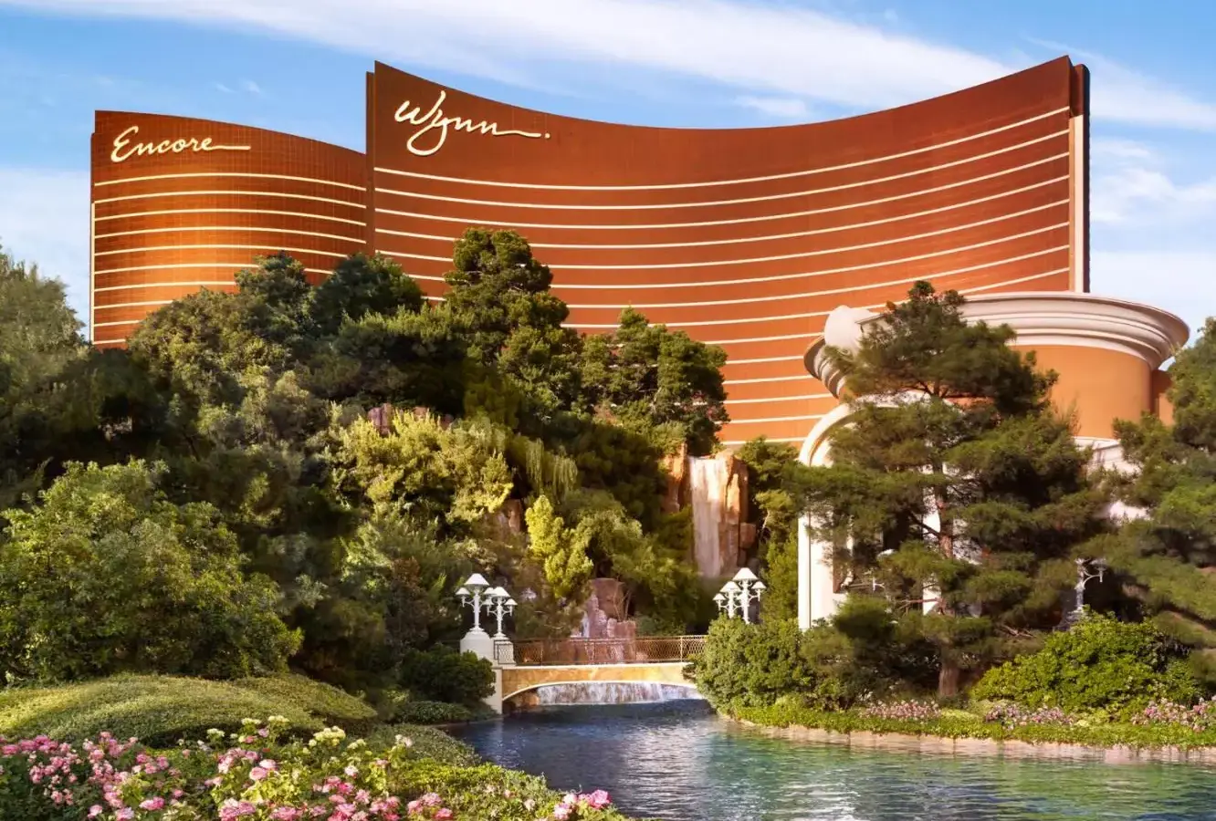 Wynn and Encore hotel towers behind landscaped gardens